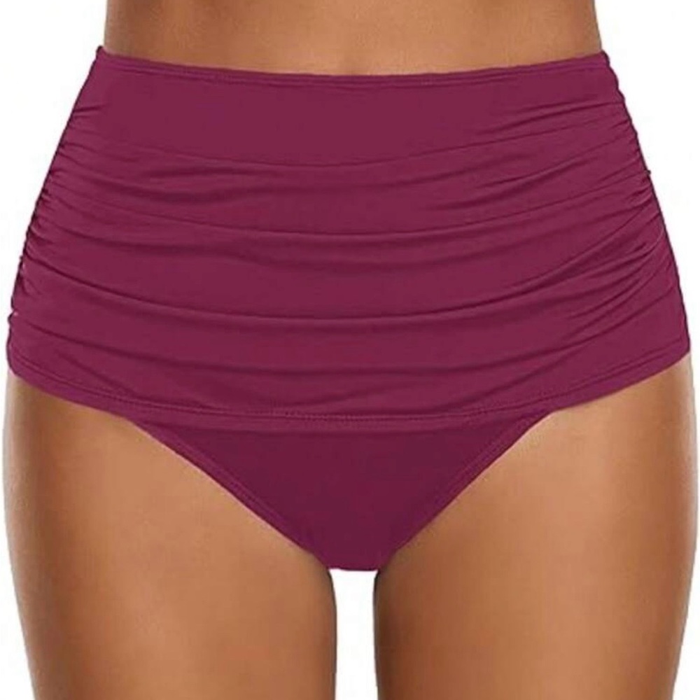 High-Waist Ruched Bikini Bottom - Plum